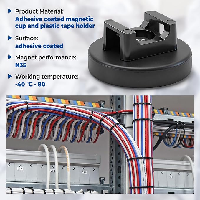 Magnetic Cable Zip Tie Base, Heavy Duty 18lbs Vertical Tension, Multipurpose Wire Clips Management Holder, Supplies for Electrical Cable Wire Organization (36mm, Count, 20)