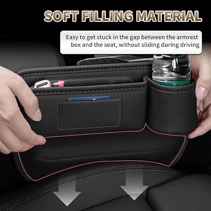 Kwak's Car Seat Gap Filler Organizer (2PC) – Fits 0.2"-1.2" Gap Premium Leather Drop Stop Car Console Organizer for Phone/Keys – Universal Front Seat Organizer for Car SUV Truck (Black)