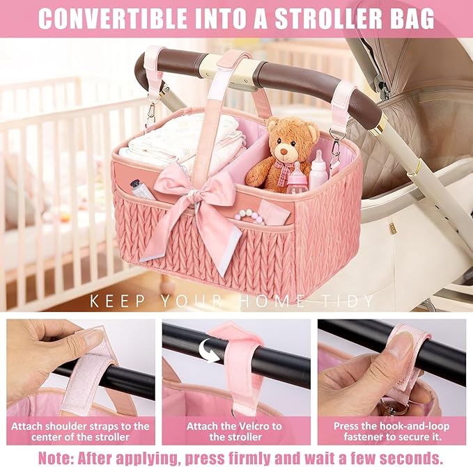Baby Diaper Caddy Organizer - Large diaper basket with Adjustable Shoulder Strap, Portable Car Travel Tote Bag with Stroller Clips, Essential Newborn Girl Registry Gift, Pink