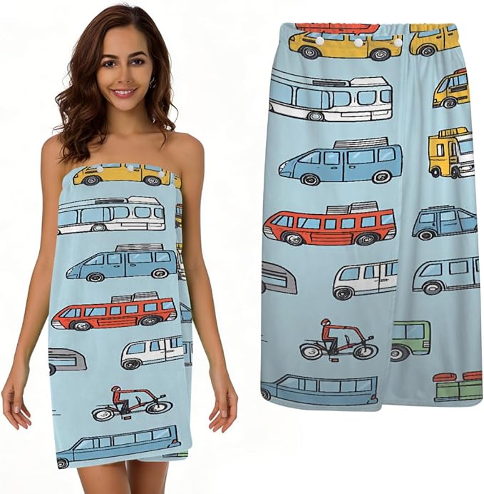 Women's Bath Wrap Retro Cars Bus Pattern Absorbent Shower Spa Body Bath Robe Wraps Bathrobe Towel with Adjustable Closure