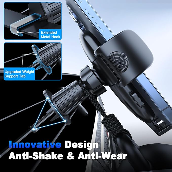 [2026 NEW] Car Phone Holder for Horizontal/Vertical Vent【Upgraded Metal Hook Clip】【Wider Clamp&Fit Thicker Case】Universal Cellphone Stand Car Mount Cradle for iPhone 17 Pro Max 16 15 14 13 Air Android