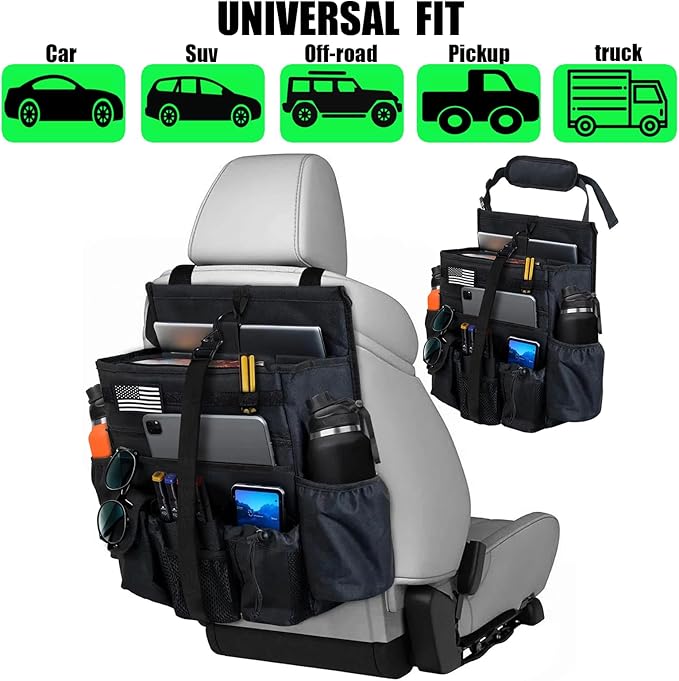 Front & Seat back organizer with dedicated tablet and 15.6 IN laptop storage stabilizers external stabilizing side straps soft adjustable shoulder straps hardened buckle Universal fits for Most of Car