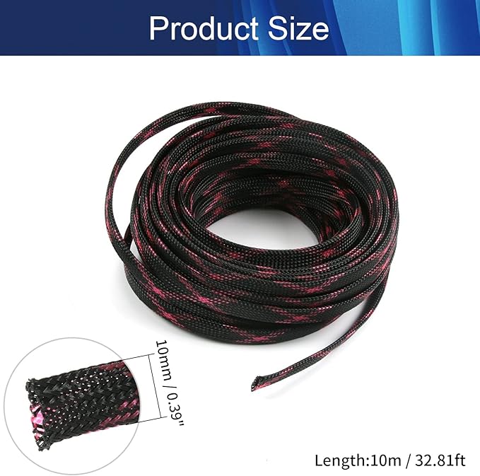 Aicosineg Cable Sleeve Braided Sleeving PET Wire Loom Tubing Cable 32.81ft-2/5inch Wrap Protector for HiFi Audio and Video Headphone Cable Protect Wires from Chewing of Pets Black and Pink