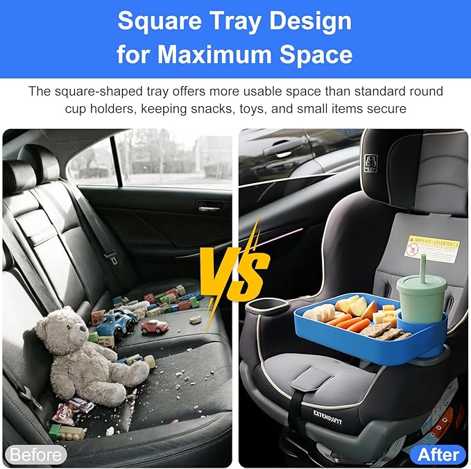 Kids Car Travel Tray Square for Kids Car Seat Snacks Trays, Car Seat Tray with Cup Holders for Toddler, Stroller, Tesla Travel Must Have (blue)