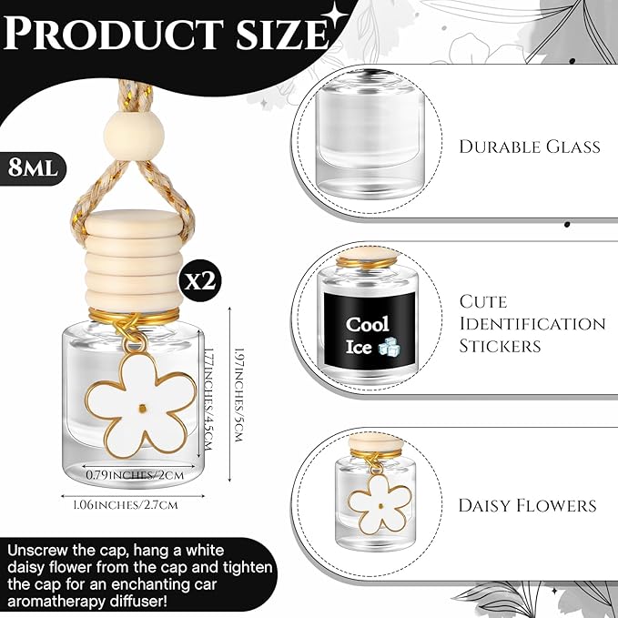 Siifert 2 Sets Hanging Car Air Freshener and Essential Oil Diffuser, Car Air Freshener Daisy Essential Oil Diffuser Long Lasting Automobile Aromatherapy(White,Cool Ice)