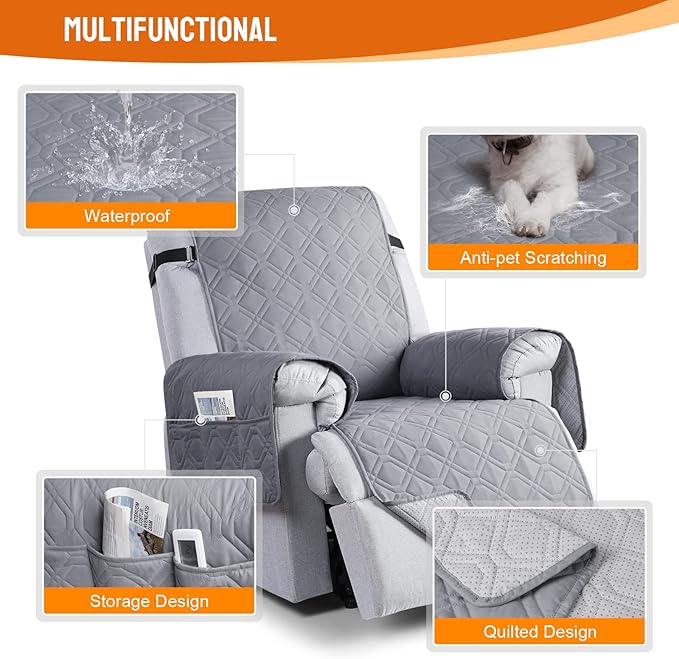 VANSOFY 100% Waterproof Recliner Chair Covers, Recliner Cover Non-Slip Dog Chair Cover Furniture Protector Washable Slipcover with Pocket, Elastic Straps for Pets, Dogs(Light Gray, 20")
