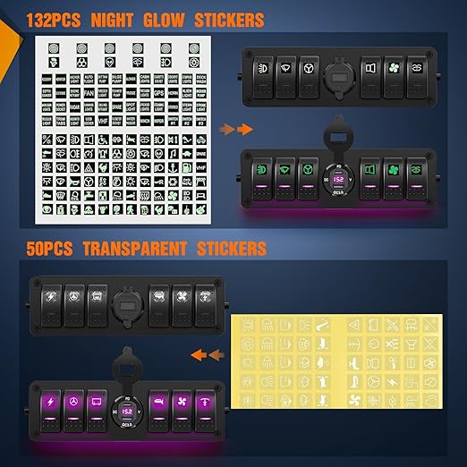 Nilight 6 Gang Rocker Switch Box 12V SPST ON Off Toggle Switches PD Type C and QC 3.0 USB Sockcet Voltmeter Purple LED Light Waterproof Aluminum Mount Bracket Panel DIY Stickers for Boat Car RV Truck