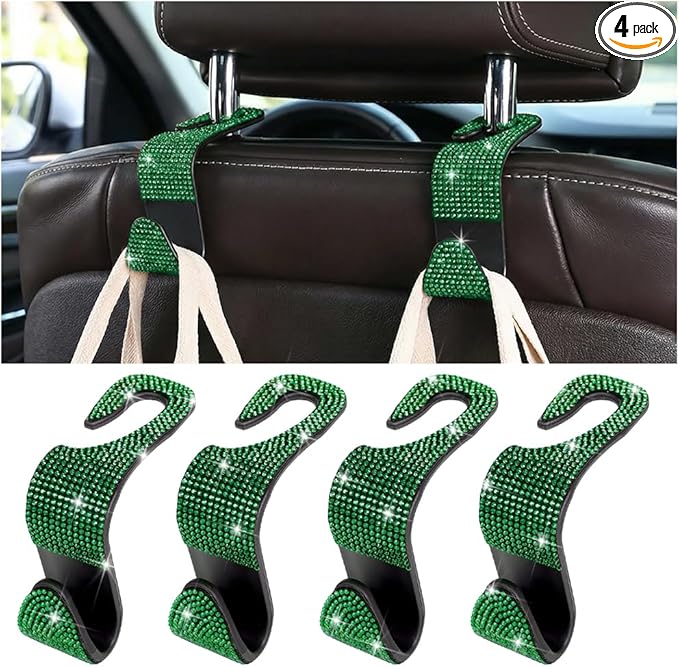 4PCS Bling Car Seat Headrest Hooks, Crystal Rhinestone Vehicle Purse Handbag Coat Hangers Holder, Automotive Interior Storage Organizer Accessories for Women Girls, Universal Fit (Green)