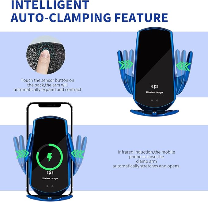Wireless Car Charger Phone Mount 15W Fast Charging Auto Clamping Car Charger Car Phone Holder Mount Wireless Charging Mount Compatible with All Android Smartphone (Black)