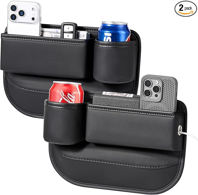 Universal Car Seat Gap Filler Organizer, Premium Leather Car Seat Organizer, Seat Gap Storage Box with Cup Holder for Drink, Front Seat Gap Bag for Phone, Sunglasses,Keys, 2 Packs (Left+Right)