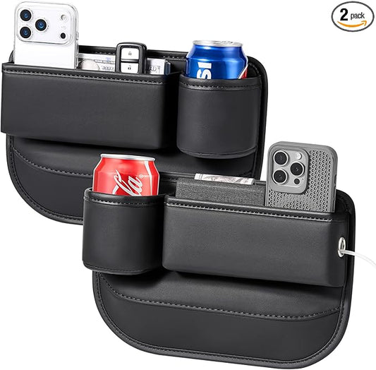 Universal Car Seat Gap Filler Organizer, Premium Leather Car Seat Organizer, Seat Gap Storage Box with Cup Holder for Drink, Front Seat Gap Bag for Phone, Sunglasses,Keys, 2 Packs (Left+Right)