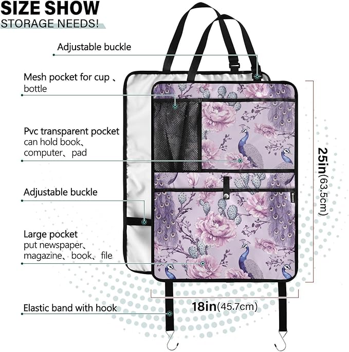 Purple Peacock and Cactus 01 1 Pack Backseat Car Organizer with Storage Pockets Seat Back Organizers for Kids Kick Mats Backseat Protector Automotive