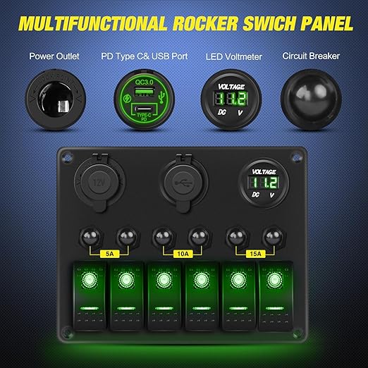 Nilight 6 Gang Rocker Switch Panel Waterproof Pre-Wired Aluminum Panels with PD Type C and USB Cigarette Lighter Socket Voltmeter 12V 24V ON Off Switches for Car Trucks Boats RVs Green