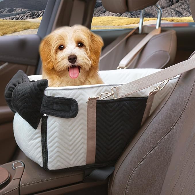Prpeko Small Dog Car Seat, Portable Dog Seat with Soft Washable Cushion,Center Console Dog Car Seat for Small Dogs Up to 13lbs(White)