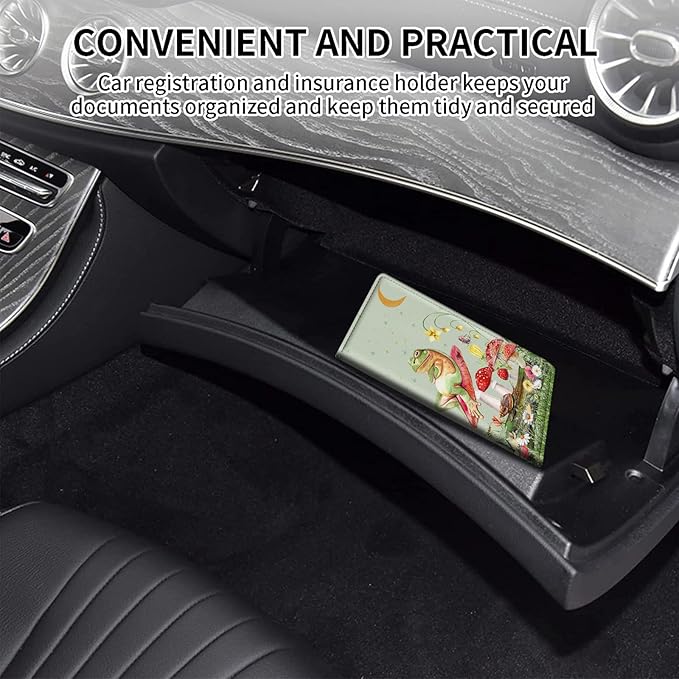Car Registration and Insurance Card Holder, Premium PU Leather Vehicle Wallet Cover for Glove Box Car Organizer Drivers License / Cards / ID Essentials Document Holder, Aesthetic Mushroom Frog Green
