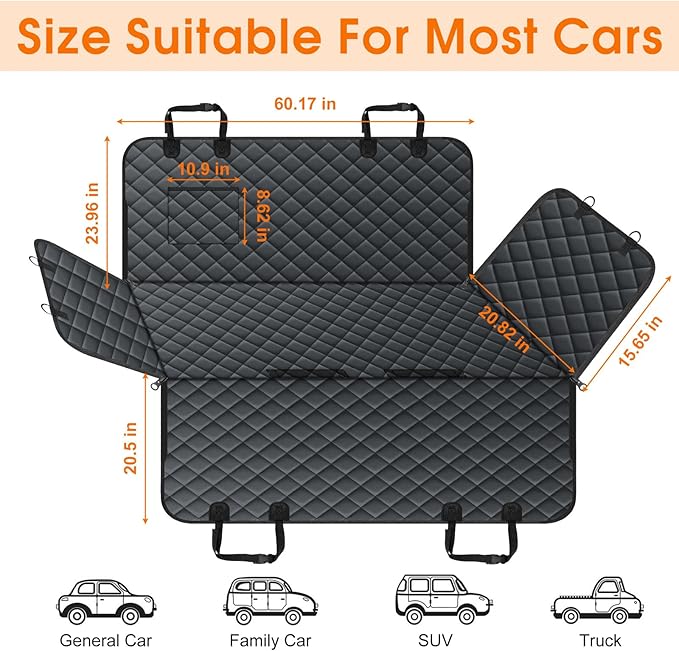 NECKORY Waterproof Dog Car Seat Cover for Back Seat - Durable, Scratch Proof Pet Hammock with Nonslip Design & Storage Pockets, Fits Cars, SUVs, Trucks - L, Black