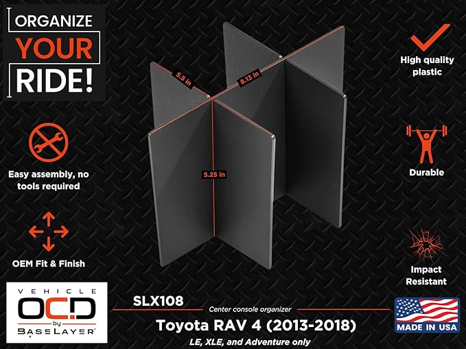 Vehicle OCD - Center Console Organizer for Toyota RAV4 (LE, XLE, Adventure ONLY) (2013-2018) - Made in USA - SLX108
