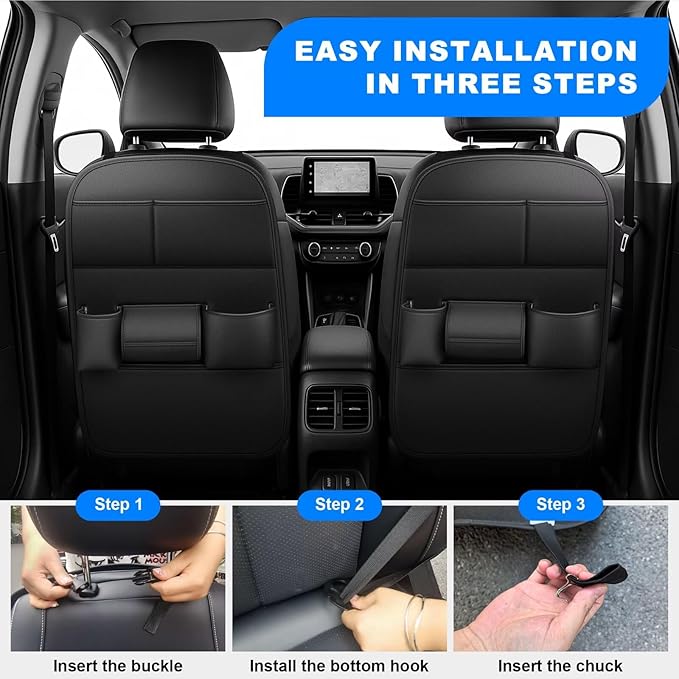 Back Seat Protector 2 Pack Fit For Ford Explorer Car Kick Mats with Cup & Tissue Storage Organizer Pockets Waterproof Dirt Proof Faux Leather Auto Accessories For Kids(1 Pair Black)