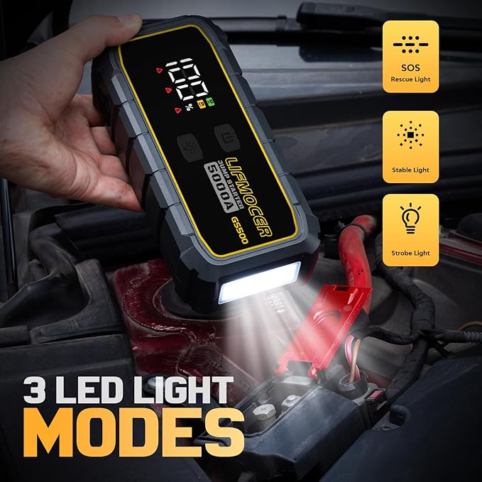 LIFMOCER 5000A Car Jump Starter-GS500 Car Battery Jump Starter for Up to ALL Gas and 10.0L Diesel Engines, 12V Portable Jump Box with Storage Case USB Quick Charge,LCD Display,for Car,Motorcycle,Truck
