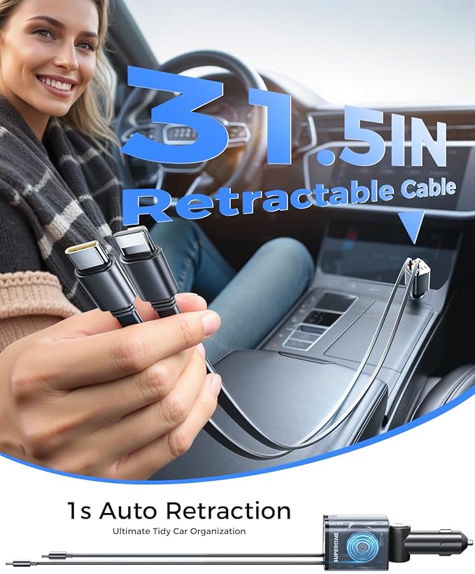 Upgraded SUPERONE Retractable Car Charger, [Ultra-Compact] 6-Port Car Charger USB C, iPhone Car Chargers Fast Charging with USB C & Apple Cable, Car Charger Adapter for iPhone 17/16/15/14/13/12