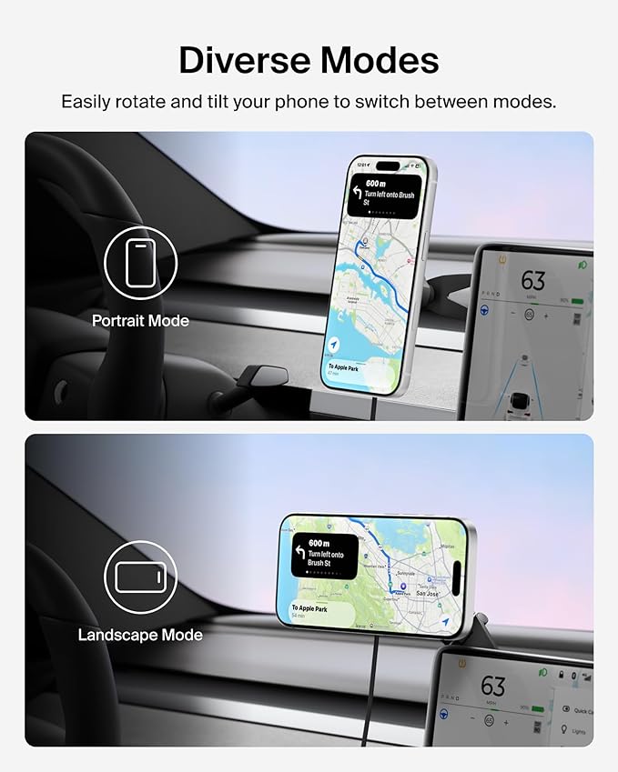 Belkin Tesla Phone Mount, Magnetic Wireless Car Mount for EV (Strong Magnet) w/ 3.3ft USB C Cable, Qi2 MagSafe Compatible Fast Charging for iPhone 17/16/15, Model 3, Model Y, etc. - Tesla Accessories