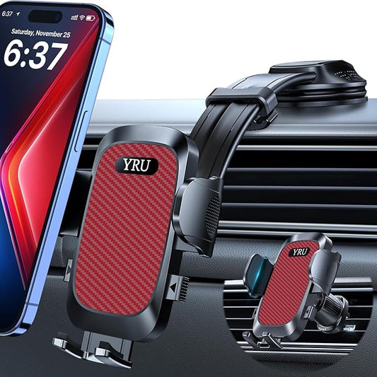 YRU [2026 Ultimate Car Phone Holder Mount [Bendable & Adjustable Aluminum Arm] Cell Phone Holder for Car Dashboard Windshield Phone Stand for iPhone 17 16 15 14 Pro Max Samsung Pickup Truck,Tomato Red