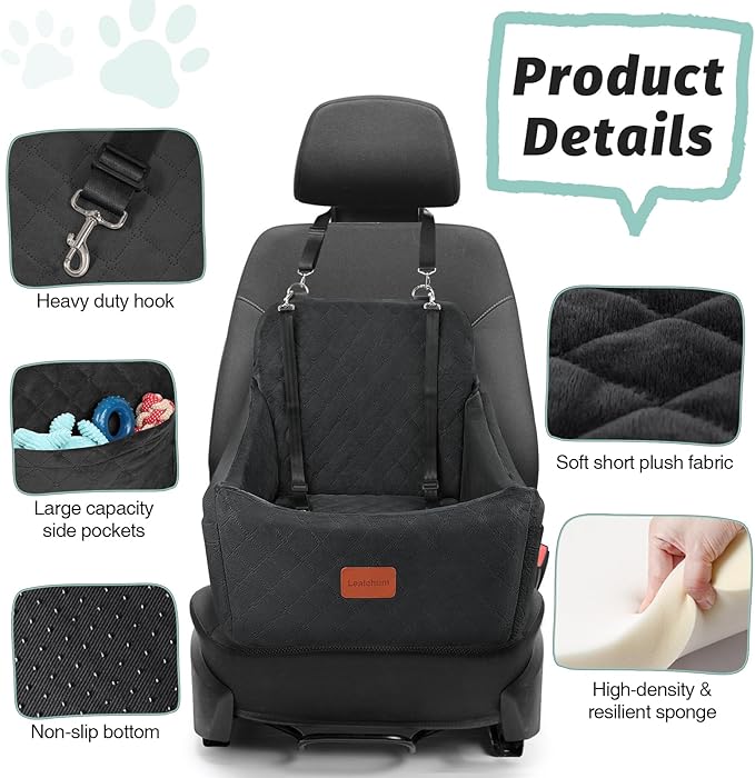 Lealchum Dog Car Seat for Medium Dogs Up to 40lbs,Fully Detachable and Washable,Memory Foam Covered Soft Fabric,Easy to Install with Adjustable Straps,Anti-Slip Base,Two Side Pockets(Black,Medium)