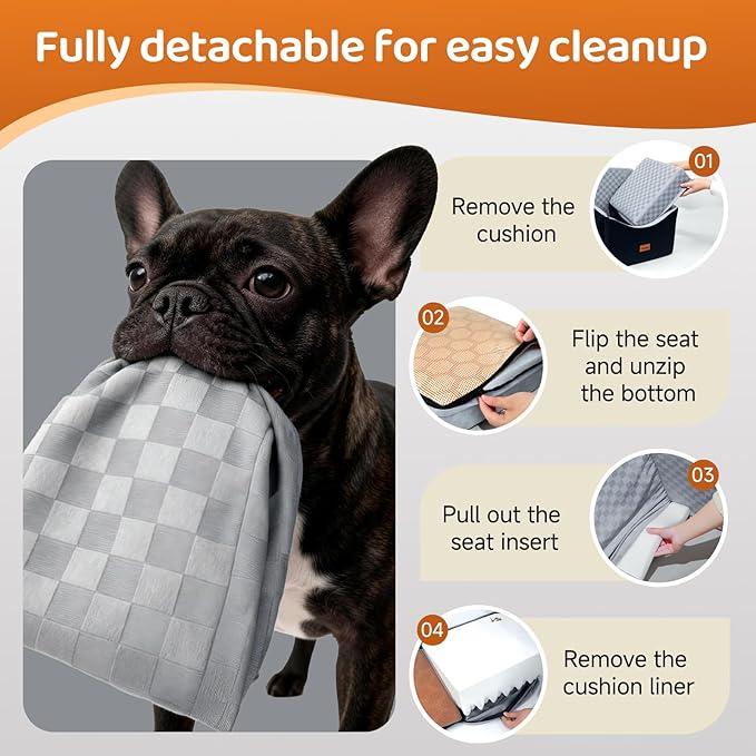 Dog Car Seat Booster for Small Medium Dogs up to 35 lbs - Elevated Memory Foam Pet Booster Seat with Detachable Washable Cover, Safety Tether, Storage Pockets (Grey, Medium)