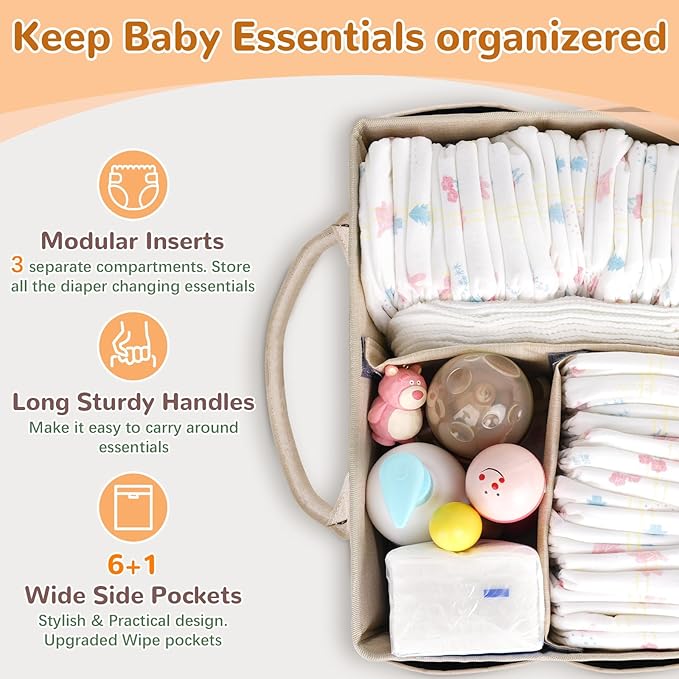 Diaper Caddy with Wipe Dispenser One-Handed Access, Premium Diaper Organizer, Portable Car Organizer Nursery Basket for Newborn Essentials, Baby Registry Must Haves for Boys & Girls, Beige