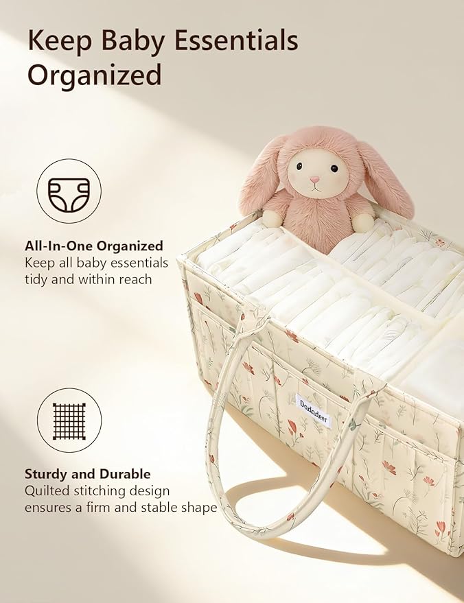 Baby Diaper Caddy Organizer, Portable Nursery Storage Basket for Newborn Essentials, Changing Table & Car Caddy Organizer, Gift for Baby Shower, Registry Must-Have for Boy Girl, Floral Beige