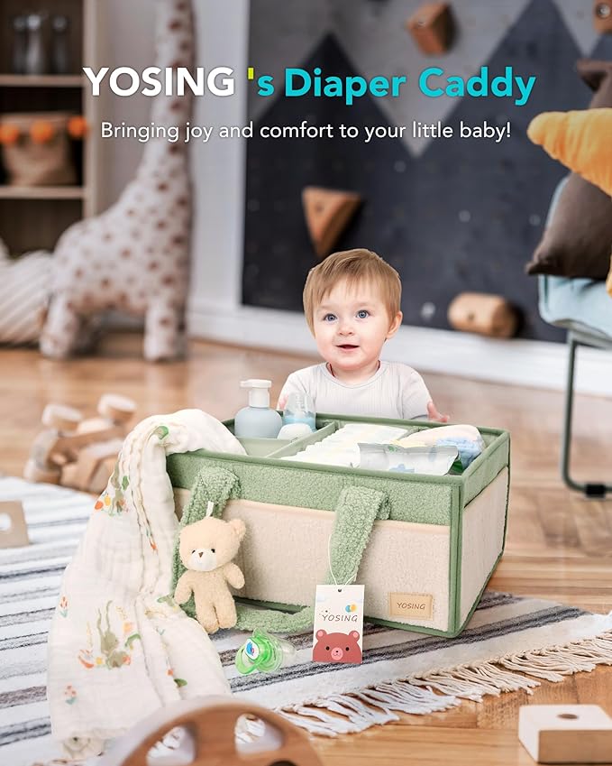 YOSING Diaper Caddy Organizer with 13 Pockets & Removable Dividers - Portable Baby Storage Basket for Nursery, Car Travel & Newborn Essentials, Green+ White