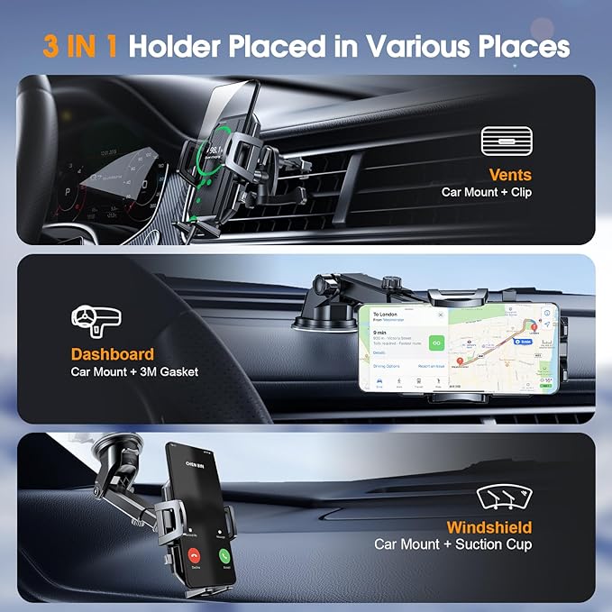 SUUSON Upgraded 3-in-1 Car Phone Holder Mount [Powerful Suction] Phone Mount for Car Dashboard Air Vent Windshield,for All iPhone Android Phone, Jet Black