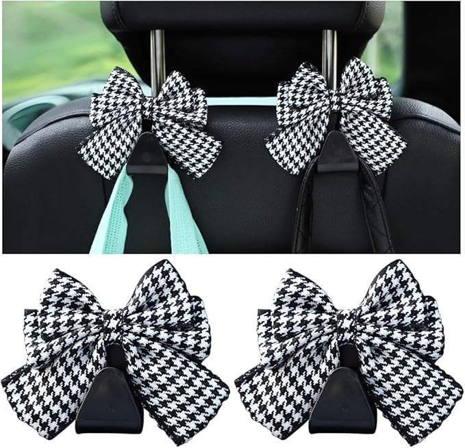 Mandark 2PCS Car Seat Headrest Hooks, Cute Bow Vehicle Hooks for Purses and Bags, Automotive Purse Hook Hanger Interior Decoration Accessories, Universal for SUV, Sedan, Truck (Black/White Line)