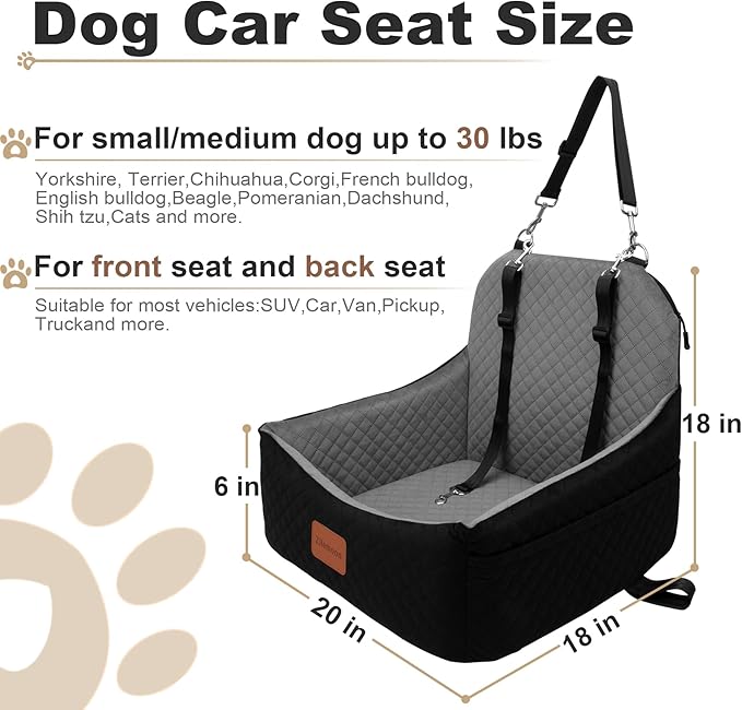 Car Dog Seat with 2 Safety Leashes,Dog Booster Seat for Small Medium Dogs 0-28lbs,Pet Car Travel Safety Bed with Storage PocketsFully Detachable and Easy to Install(S1-Black Outside Grey Inside)