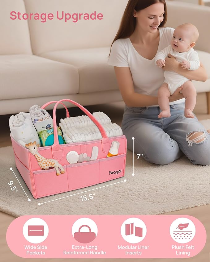 Feagar Baby Diaper Caddy Organizer, 15 Inch Large 2 Pack Set with 8 Pockets & 2 Dividers, Portable Nursery Storage Basket & Car Organizer for Changing Table, Travel (Pink)