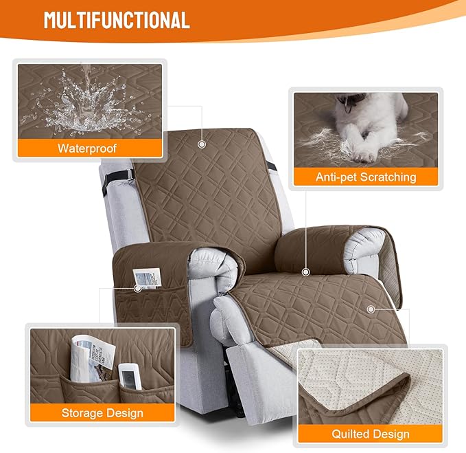 VANSOFY 100% Waterproof Recliner Chair Covers, Recliner Cover Non-Slip Dog Chair Cover Furniture Protector Washable Slipcover with Pocket, Elastic Straps for Pets, Dogs(Brown, 25")