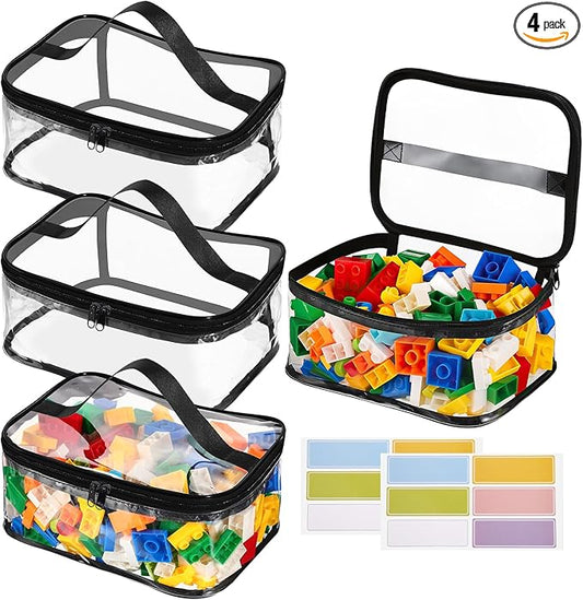 4 Packs Clear Toy Storage Bags, PVC Waterproof Toy Organizer with Zip Reusable Bags for Building Blocks, Board Game, Puzzles, Kids Books, Stationery