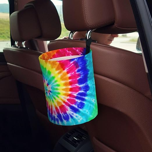 Colorful Tie Dye Car Trash Can Leak Proof Hanging Waterproof Garbage Can Multipurpose Trash Bin for Car SUV Front Seat Headrest Collapsible and Portable Storage Pocket