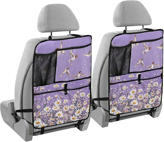 Purple Daisy Flowers and Flying Birds 2 Pack Backseat Car Organizer with Storage Pockets Seat Back Organizers for Kids Kick Mats Backseat Protector Automotive