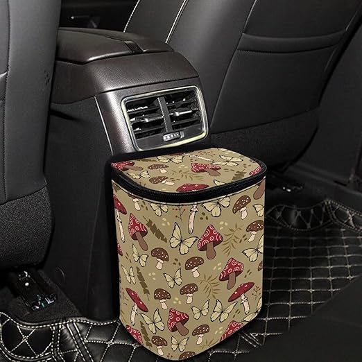 Talayituse Mushroom Butterfly Print Car Trash Can with Lid, Leak Proof Auto Trash Bag Hanging Vehicle Garbage Can Multipurpose Storage Container for Back Seat Road Trip