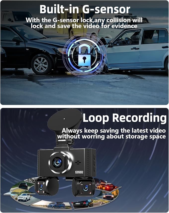 4 Channel Dash Cam Front and Rear Inside Left Right Car Dash Camera 360 View, 2.5K QHD Car Camera Supper Night Vision, 5G WiFi 3.16” IPS Touch Screen, G-Sensor,24H Parking Mode Free128G Card 256G Max