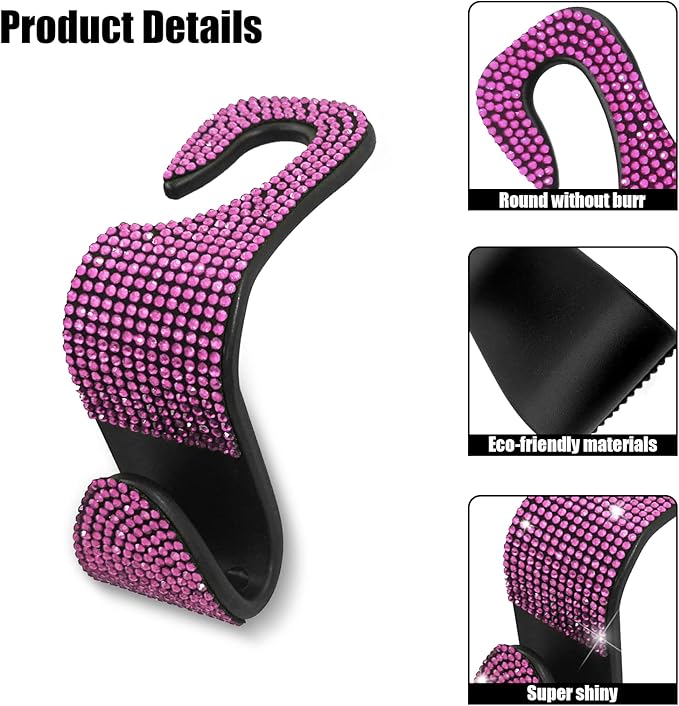 OSIFIT 2PCS Car Seat Hooks, Bling Car Rhinestone Headrest Hooks, Universal Bling Car Interior Accessories, for Handbag, Clothes, Purse, Water Bottle (Pink)
