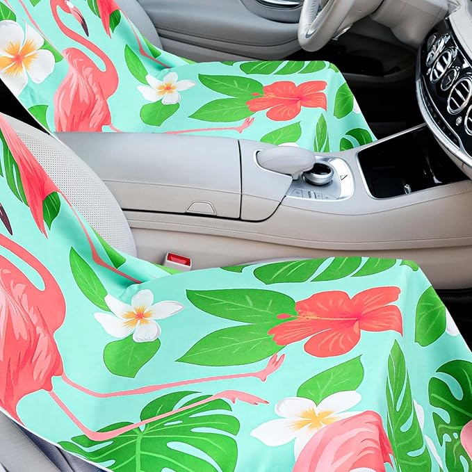 Hahafelt 2 Pack Car Seat Towel Covers with Storage Bag 63 x 32 Inch Athletic Running Towel Seat Sweat Washable Non Slip Cover Gift for Car Outdoor Sport Activities (Green Leaf Flamingo)