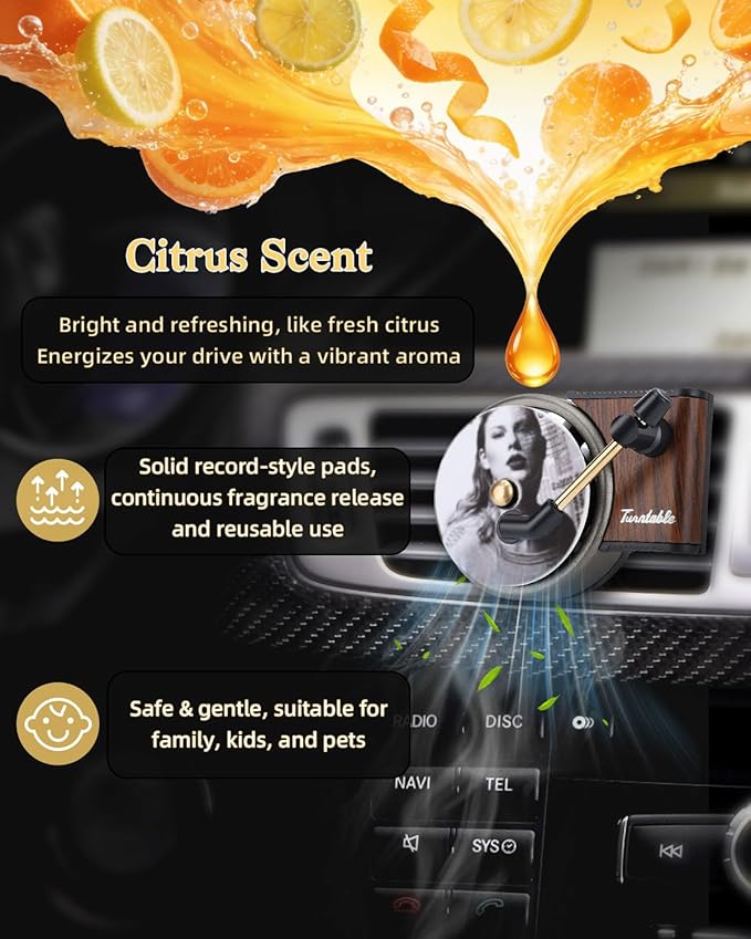 Record Player Car Air Freshener Vent Clip, 12PCS Vintage Album Style Refill Pads, Taylor Air Freshener Car Decor Accessories, Citrus Scent Air Fresheners for Car, Music Lovers Gifts
