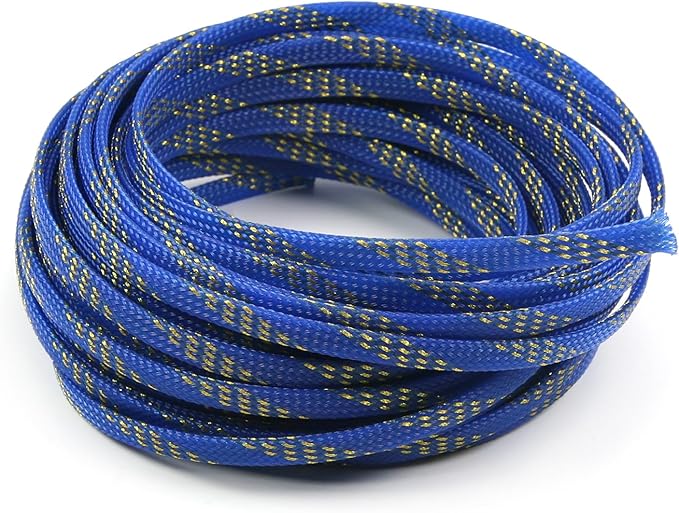 Aicosineg 32.81ft PET Flexible Braided Cable Sleeve 0.25inch Width Wire Loom Sleeving and Organizer Flexible Wire Mesh Sleeve Wrap Protector for TV Audio PC Cords from Pets Chewing Blue and Gold
