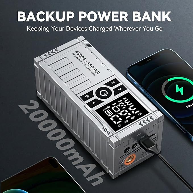 Car Battery Jump Starter with Air Compressor - 4500A Battery Jumper Starter Portable (9.0 Gas/8.0L Diesel) with 150PSI Tire Inflator, 12V Car Jump Box with Jumper Cables, LED Light, LCD Display