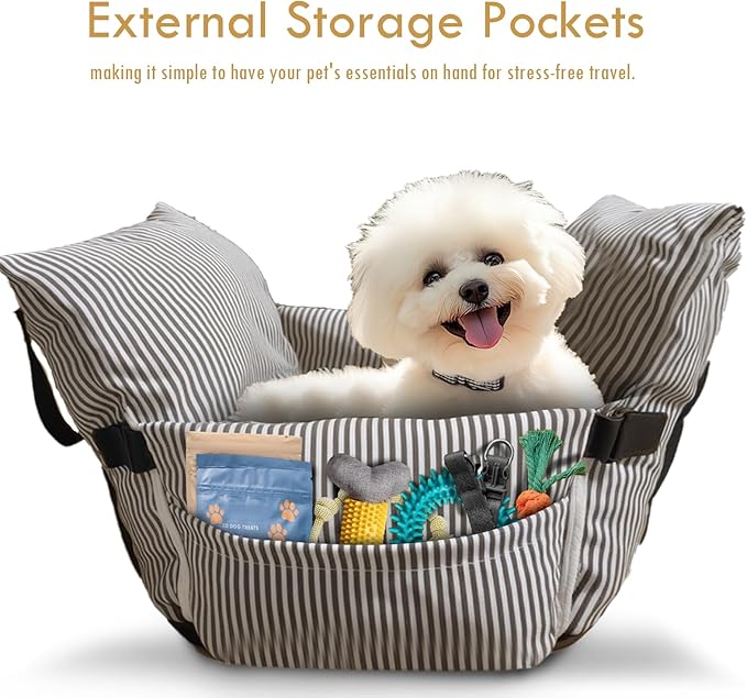 Dog Car Seats for Small Dogs, Puppy Car Seat Under 15 lbs, Small Dog Bed for Travel, Elevated Pet Seat with Safety Belt, Non-Slip Base, and Storage Pockets