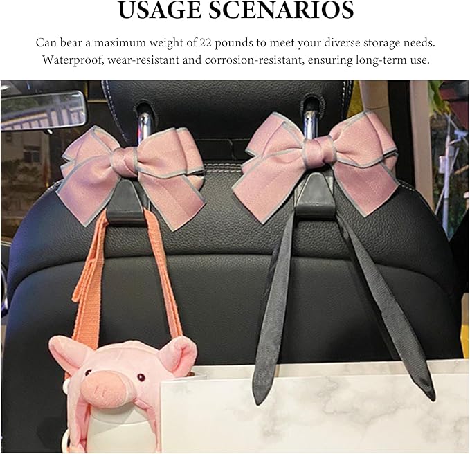 2 PCS Car Seat Headrest Hook, Cute Bowknot Multifunctional Seat Back Hook for Car, Hidden Vehicle Rear Seat Purse Hanger Hook for Women Girls, Car Interior Accessories (Pink)