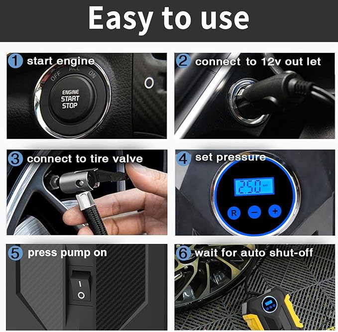 Digital Air Compressor for Car Auto Pump Portable Tire Inflator with LED Light DC 12V