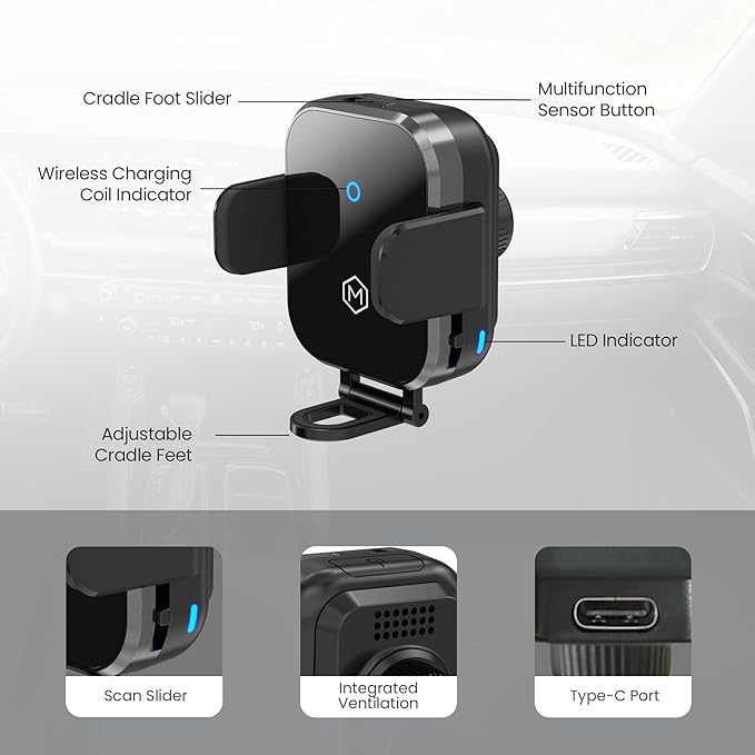 Wireless Car Charger Phone Mount – 15W Charging, Adjustable Stand, Two Mounting Options, Compatible with Phones 3 to 4 Inches - Mini Grip Cradle Multi Angle Suction Cup